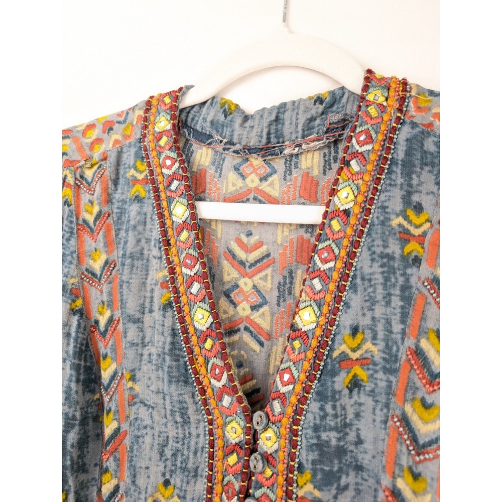 Y2K Embroidered Peasant Maxi Dress Size M Blue Ren Faire Boho Cottagecore Tribal - Picture 7 of 9